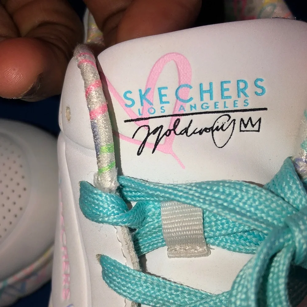 Skechers Kids White Sneakers with Aqua Laces and Pastel Accents
